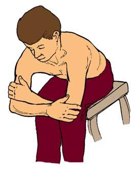 Exercise no. 6) Sit on a stool, and hold your elbows as shown in the picture (opposite hand to elbow).