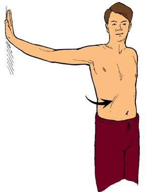 Relax and go back to the starting position. Exercise no. 9) Lift your sore arm to shoulder height and lean the palm of your hand against a wall.
