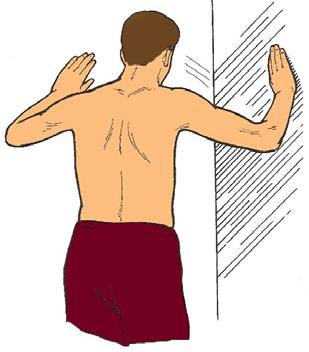 Hold this position for 15-20 seconds, and then return to the starting position. Exercise no. 10) Standing at the corner of a room, lift your arms to shoulder height.