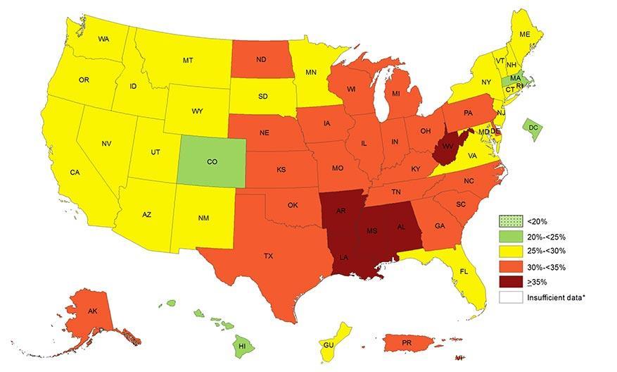 Prevalence of Self-Reported Obesity Among U.S. Adults by State and Territory BRFSS, 2016 Source: CDC Centers for Disease Control and Prevention.