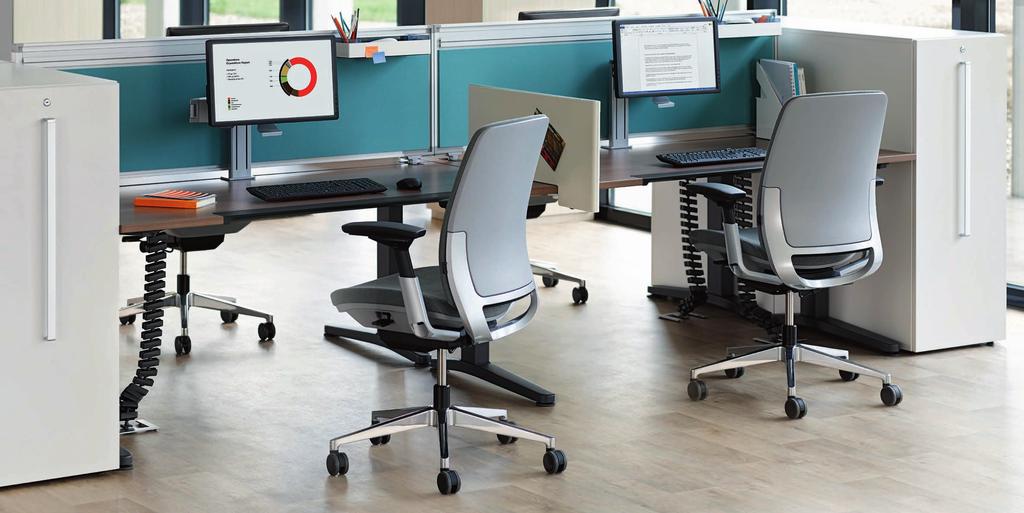D0047 AMIA TASK CHAIR (PLATINUM, AT02, A1), OLOGY FIXED HEIGHT (SN), PARTITO SCREEN (DB19), HD STORAGE (WY), PLURIO MONITOR ARM Sophisticated simplicity Your choice of office seating is the most