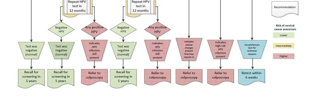5 yearly cervical screening HPV test with partial genotyping Reflex liquid-based cytology (LBC) triage 25 to 69 years of age Exit test at 70 Primary HPV screening more sensitive