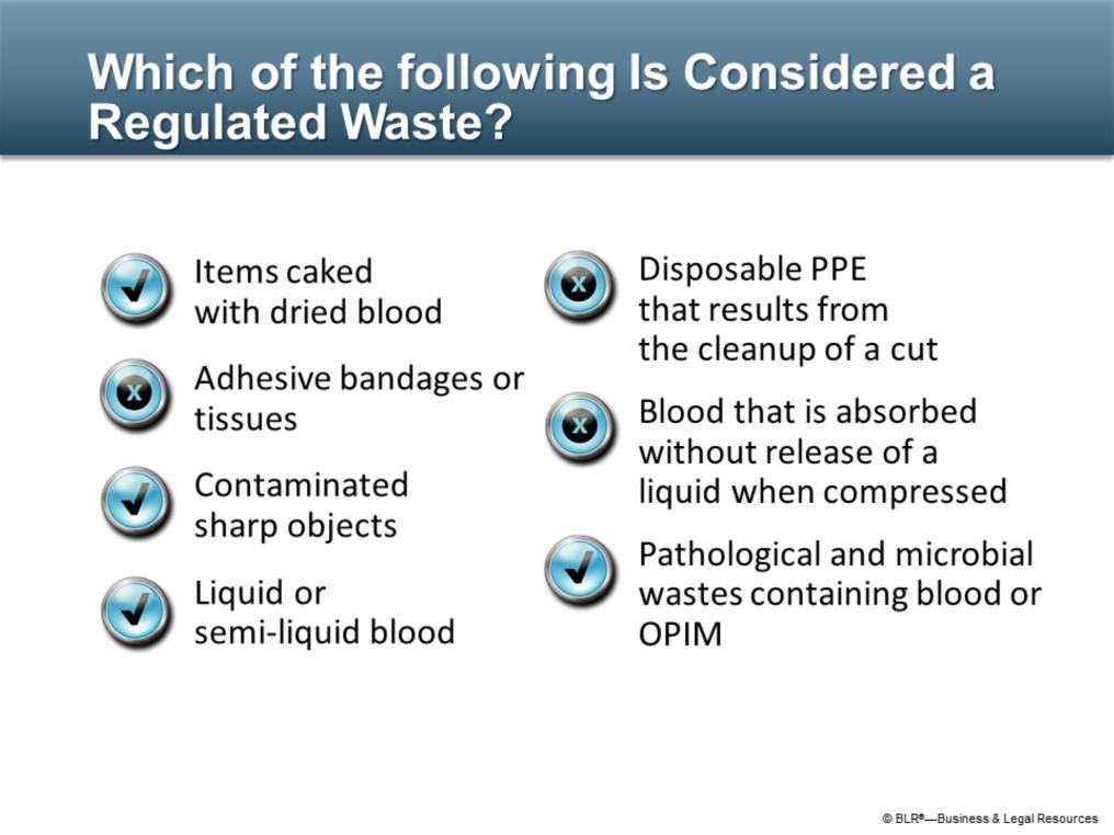Now it is time for an exercise. Which of the following do you think are considered regulated waste versus nonregulated waste? Here are the correct answers.