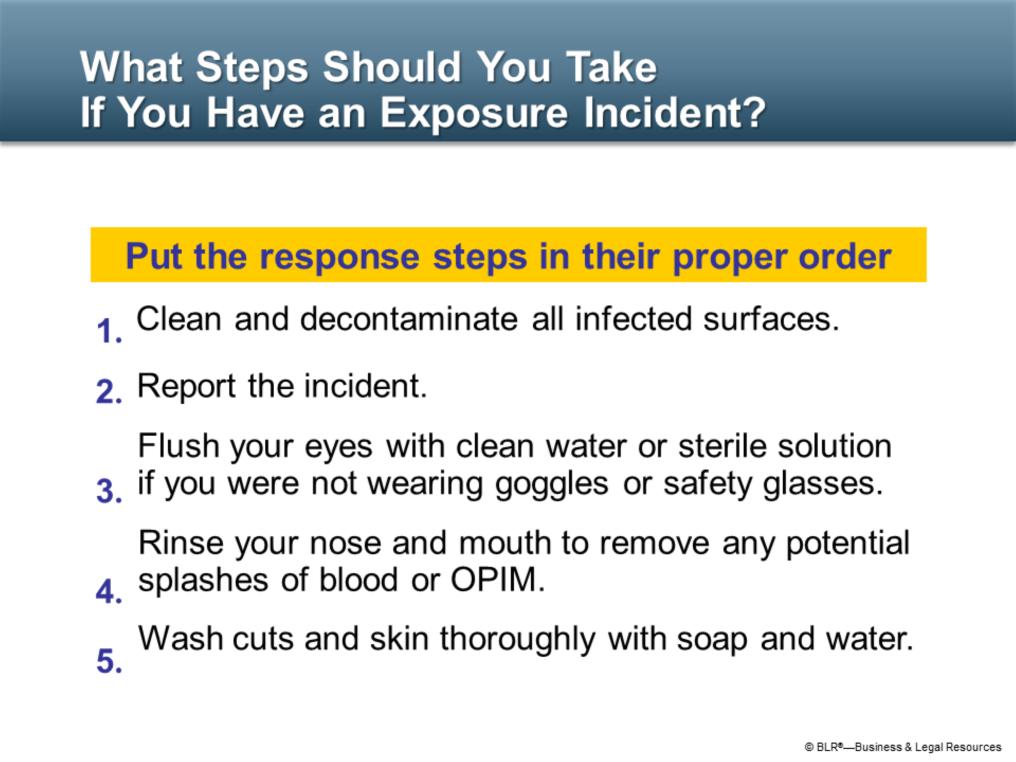 Now it s time to test your knowledge. In this exercise, imagine that you have potentially been exposed to infected blood or OPIM.