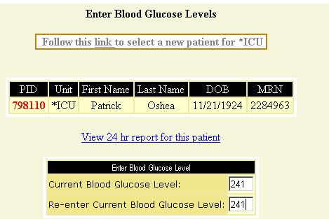patient s unit and patient Enter the blood glucose