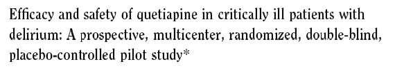 n=36 (18 quetiapine, 18 placebo) with delirium based on ICDSC assessment QUETIAPINE 50mg PO/tube bid (max 200mg bid) vs.