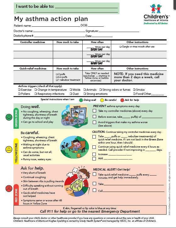 Asthma Action Plan Written by parent, student, and healthcare provider States how to treat asthma every day and how to treat if an asthma episode occurs Specific to child and their needs