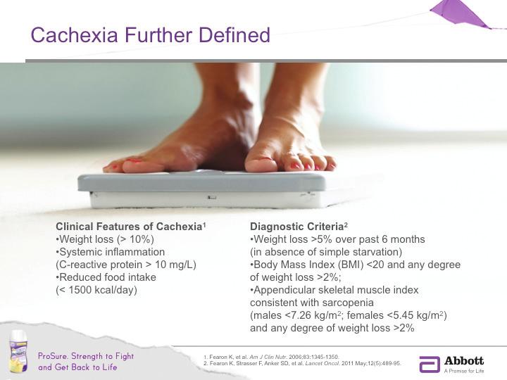 The cachexia syndrome is characterized by weight loss in combination with evidence of systemic inflammation and reduced food intake.