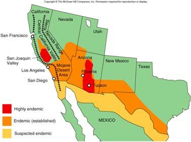 Endemic areas of the US for Coccidoides immitis, a