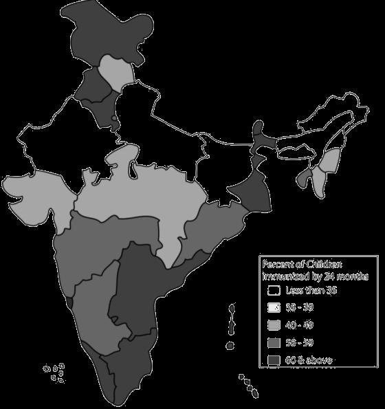 India: Reaching universal coverage Vaccine coverage disparities between regions: Average for India for 2005-2006: 44% of children fully