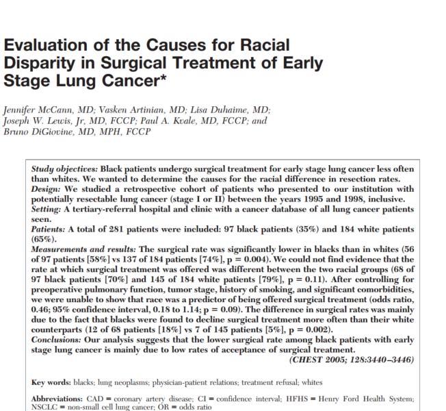 Treatment 37 Lung Cancer Disparity in Treatment by Race AA patients are less likely to undergo