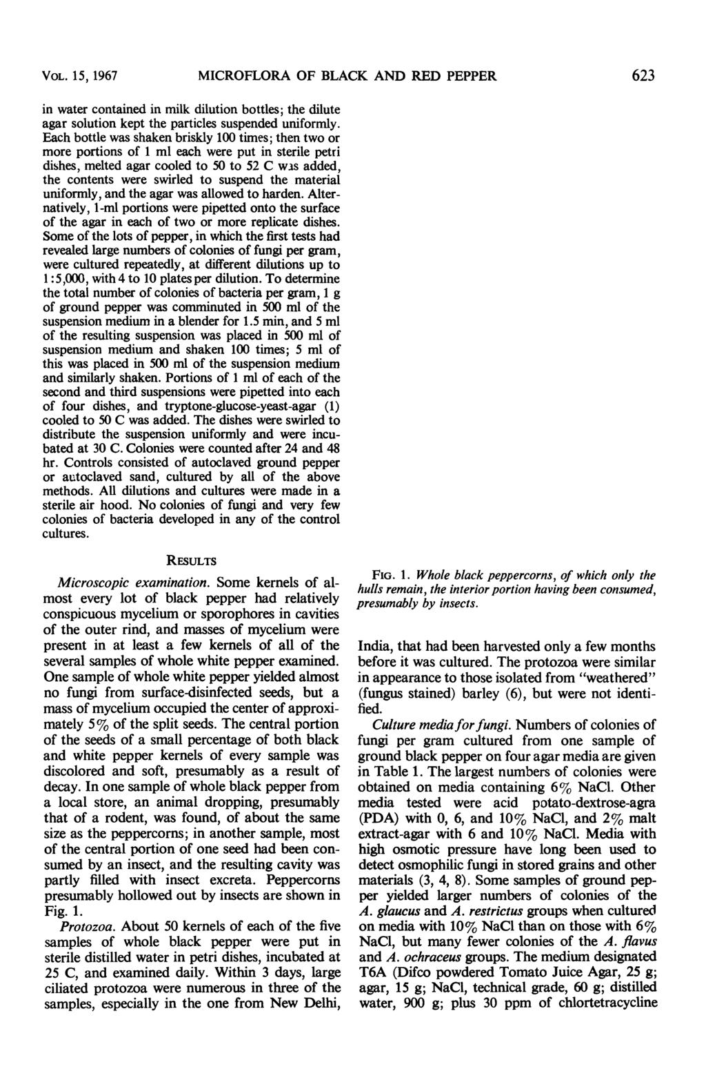 VOL. 15, 1967 MICROFLORA OF BLACK AND RED PEPPER 623 in water contained in milk dilution bottles; the dilute agar solution kept the particles suspended uniformly.