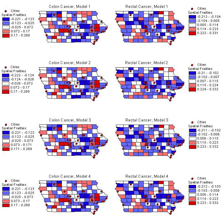 Figures Spatial frailties: choropleth map Spatial frailties for colon and rectal cancers in Iowa under the different models.