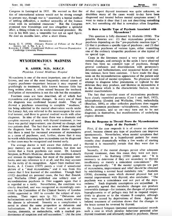 Hypothyroidism and Neuropsychiatric Symptoms Psychosis Mood Cognition 1888 Committee on Myxedema of the Clinical 50% Society of London 1949