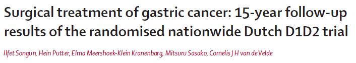 Outcome at 15 years D2 with less gastric-cancer related deaths (37% vs. 48%) Less local recurrence (12% vs.