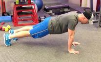 Close-grip Pushup Keep the abs braced and body in a straight line from toes/knees to shoulders. Place the hands on the floor inside shoulder-width apart.