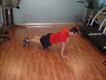 Eccentric Pushup Keep the abs braced and body in a straight line from toes/knees to shoulders.
