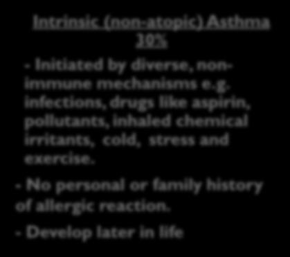 - Develop early in life Intrinsic (non-atopic) Asthma 30% - Initiated by diverse, nonimmune mechanisms e.g.