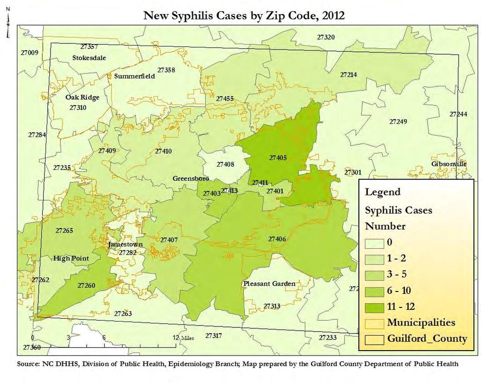 Syphilis incidence rates in Guilford County are higher in census tracts with greater numbers of non-white and lower income residents. Guilford s 212 Primary and Secondary Syphilis new case rate of 7.