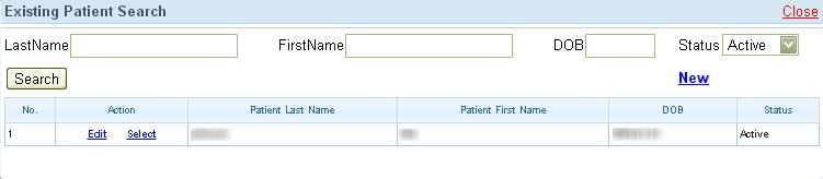 Clicking on the Existing Patient button allows the user to search for a previously saved Patient.