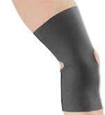 5-19 J-Brace Patellar Stabilizer 13 sleeve is 1/8 thick and features 2 lateral and 2 medial spiral steel stays along with a tubular rubber buttress to align the patella.