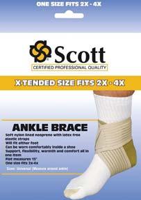 5 to 13 080677 X-Large 13 and Above Extended Plus Ankle Brace Soft nylon lined neoprene support with latex free elastic straps. 080705 2X - 4X 080706 Does not limit flexion or extension.