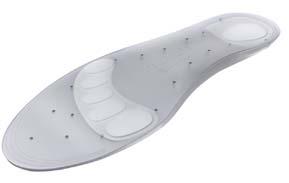 5 to 14 080688 Medical grade silicone with softer blue silicone at the heel and ball of the foot to aid in the desired realignment of metatarsal regions and to provide additional cushioning.