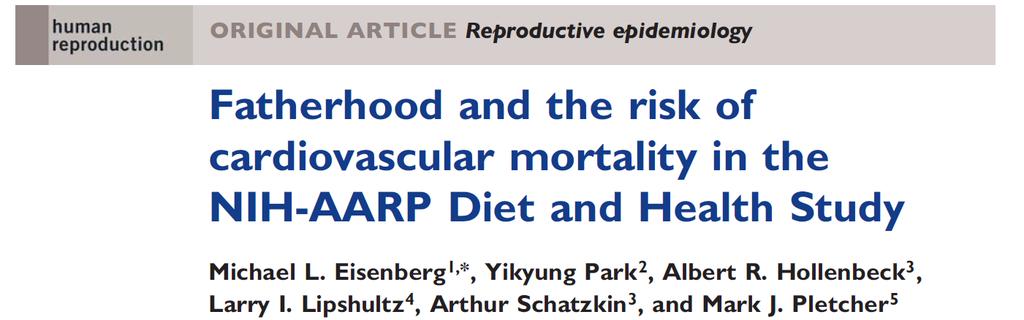 Cardiovascular risk 3.5 million AARP members surveyed 1995-1996 137,903 men met criteria 92% +paternity mean age 62.7 yrs 96.
