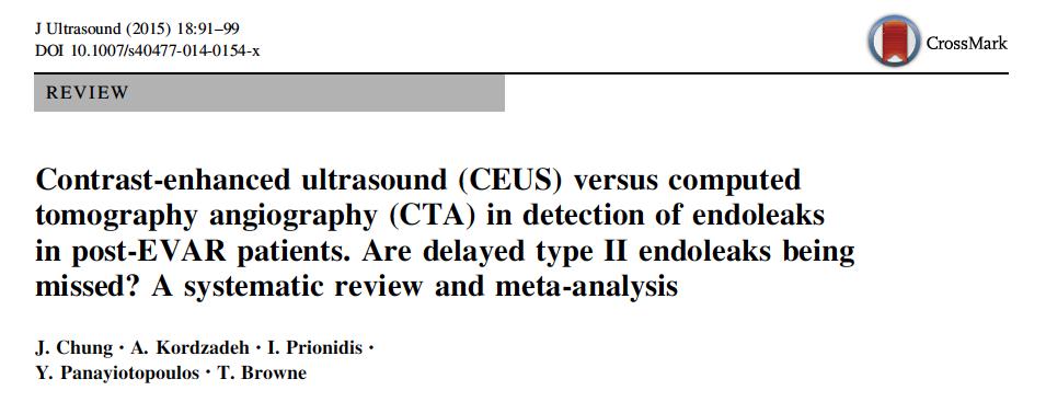 8 articles (n = 454 pts) Pooled sensitivity of CEUS at detecting endoleak is 0.