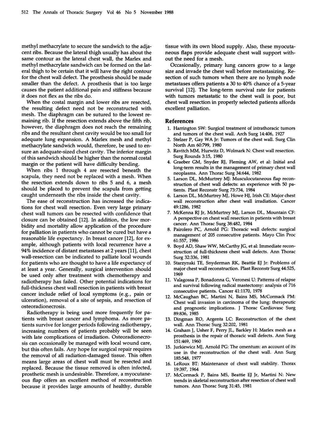 512 The Annals of Thoracic Surgery Vol 46 No 5 November 1988 methyl methacrylate to secure the sandwich to the adjacent ribs.
