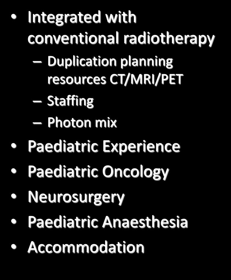 trials Integrated with conventional radiotherapy Duplication planning resources CT/MRI/PET