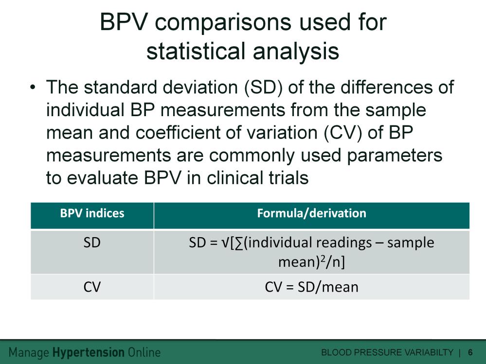 In clinical trials, blood pressure variability is measured using either the standard deviation of the differences between