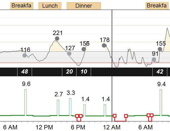 Glucose Overlay Bedtime to Wake-up and Meal Periods Readings and Averages The Bedtime to Wake-up Glucose Readings and Averages graph displays the last meter glucose value recorded during the defined