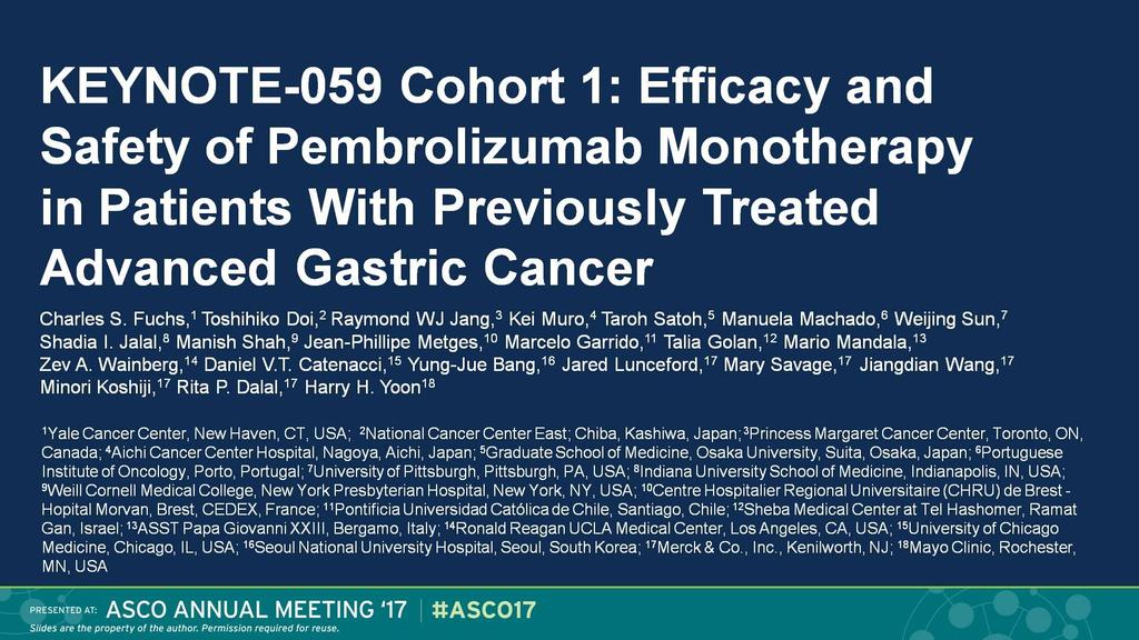KEYNOTE-059 Cohort 1: Efficacy and Safety of Pembrolizumab Monotherapy in Patients With