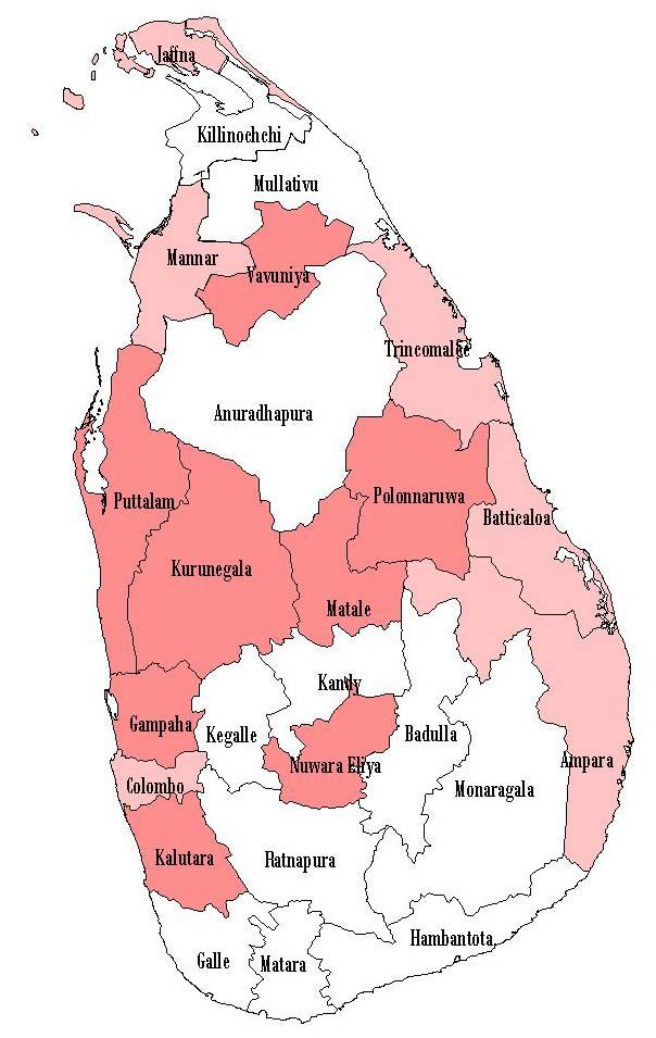 Map of Sri Lanka showing the spread of chikungunya