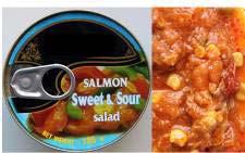 1604 20 10 Salmon Sweet and Sour salad, 185 gr Ingredients: pink salmon (55gr), sweet and sour sauce (tomato sauce, water, vinegar, soybean oil, sugar, modified starch, salt, vegetable extract),