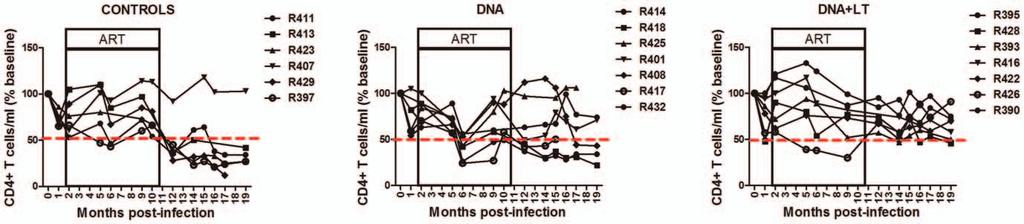 Figure 3. Therapeutic DNA vaccination protects from AIDS. Maintenance of CD4+ T cell counts as a marker of clinical disease progression was measured by flow cytometry.