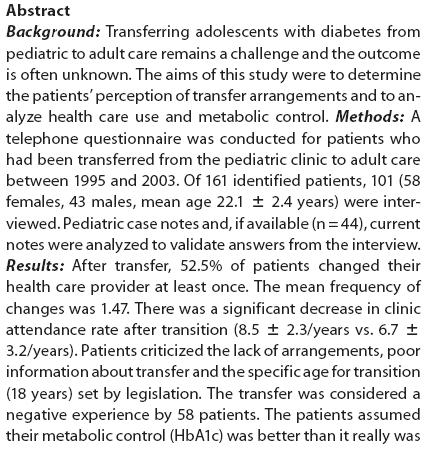 Possible Outcomes of the Transition From Pediatric to Adult Care In a Canadian survey completed by young adults with T1DM (N=154): 24% left