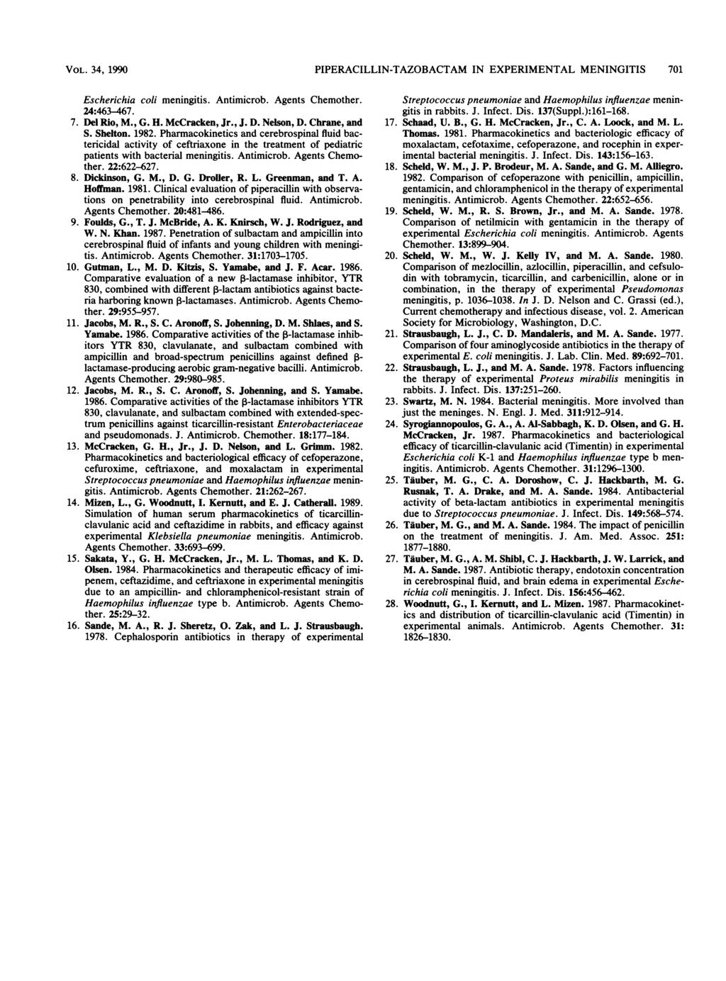 VOL. 34, 1990 PIPERACILLIN-TAZOBACTAM IN EXPERIMENTAL MENINGITIS 701 Escherichia coli meningitis. Antimicrob. Agents Chemother. 24:463-467. 7. Del Rio, M., G. H. McCracken, Jr., J. D. Nelson, D.