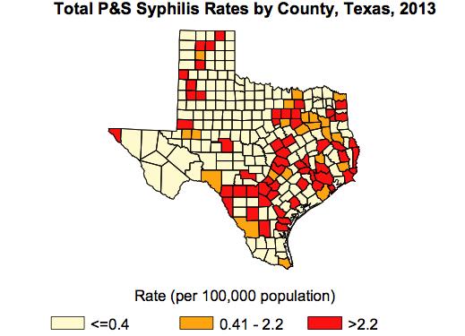 Syphilis 2013 (for Texas) 1475 cases (#13 ranking) [primary + secondary] Male rate: 10/100,000