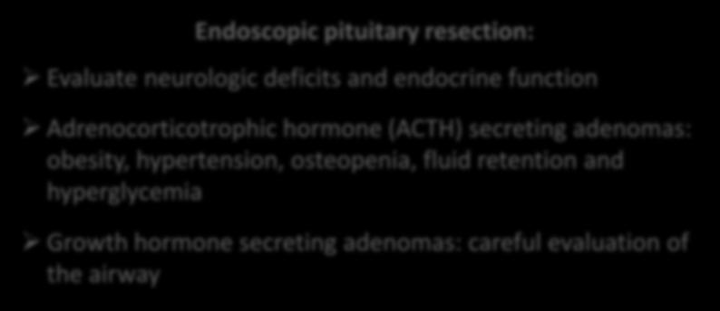 status Endoscopic pituitary resection: Evaluate neurologic deficits and endocrine function Adrenocorticotrophic hormone (ACTH)