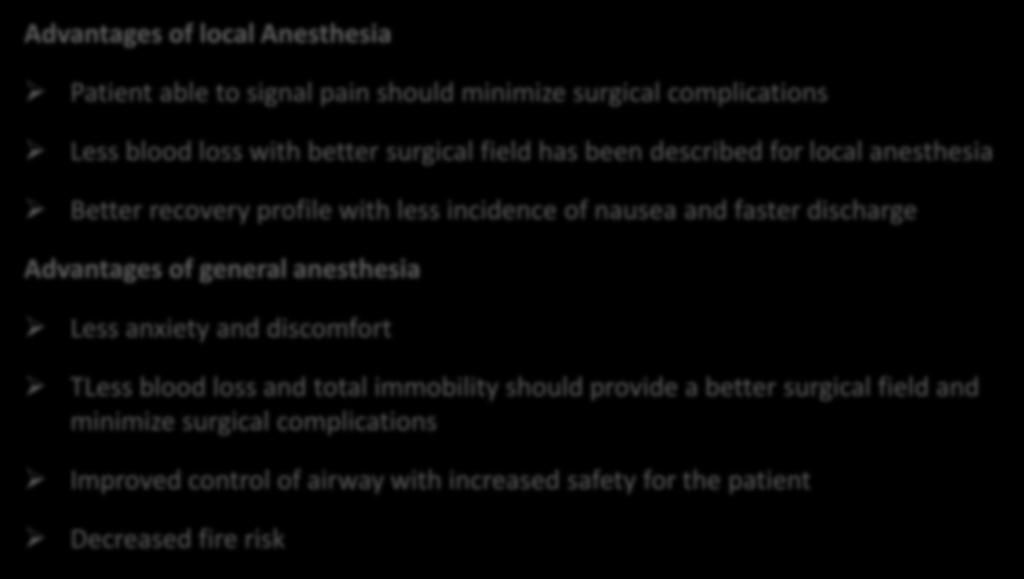 Advantages of local Anesthesia Patient able to signal pain should minimize surgical complications Less blood loss with better surgical field has been described for local anesthesia Better recovery