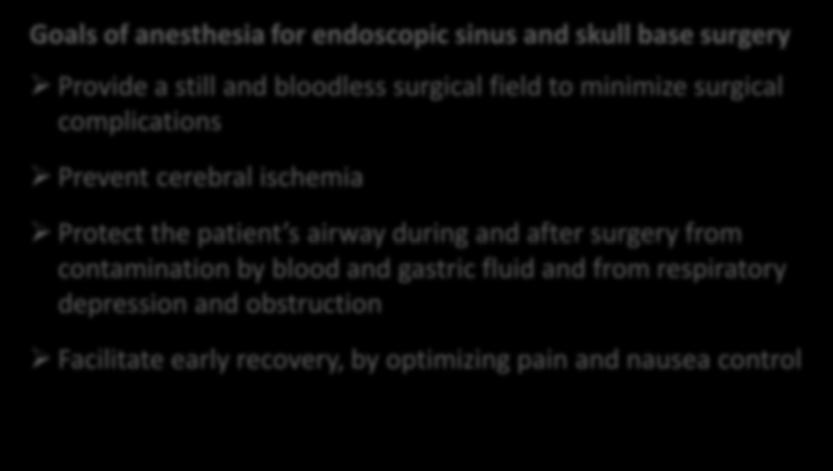 Goals of anesthesia for endoscopic sinus and skull base surgery Provide a still and bloodless surgical field to minimize surgical