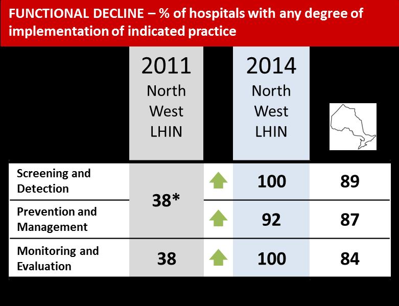 Processes of Care Accomplishments and Promising Practices in Functional Decline Current environmental scan results show that North West LHIN hospitals are significantly attentive to the issue of