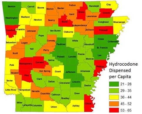 The amount and type of prescription drugs used in Arkansas varies widely by county. The AR PMP tracks prescription drug use by mapping doses dispensed per capita based on the recipient s address.