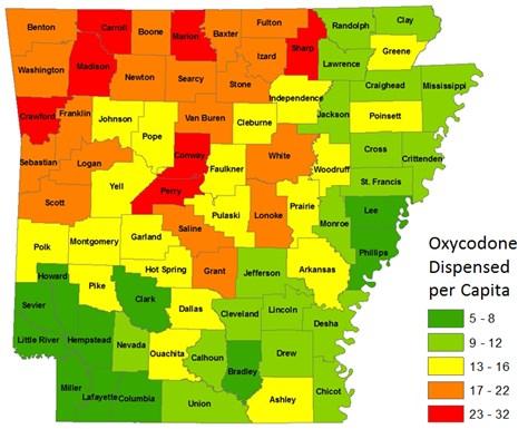 The potential also exists for oxycodone to be misused or diverted because of its potency and popularity. Like hydrocodone, oxycodone use varies by county (Figure 7).