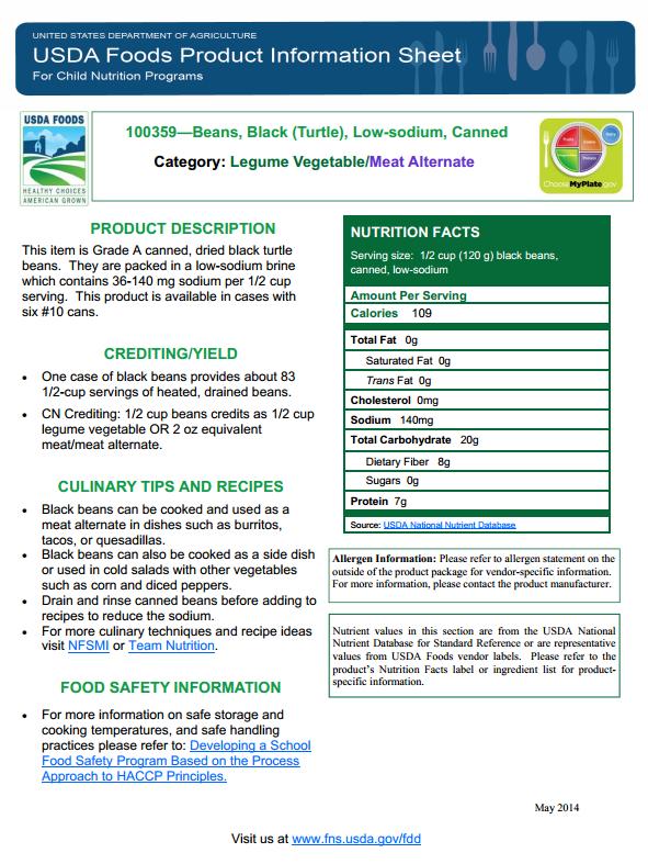 Sample USDA Foods Fact Sheet (Taken from www.fns.usda.