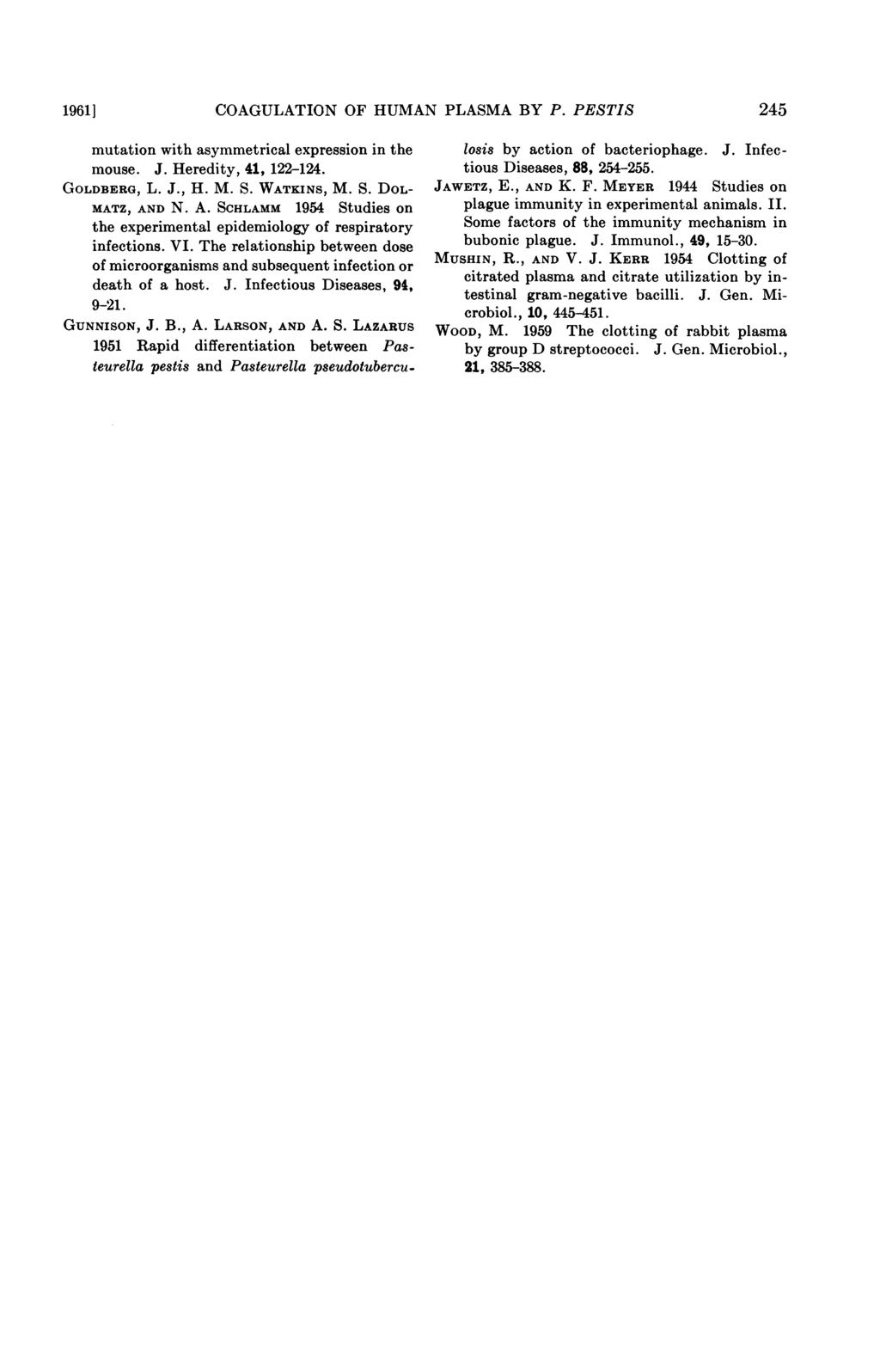 1961] COAGULATION OF HUMAN PLASMA BY P. PESTIS 245 mutation with asymmetrical expression in the mouse. J. Heredity, 41, 122-124. GOLDBERG, L. J., H. M. S. WATKINS, M. S. DOL- MATZ, AN