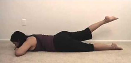 PRONE UNILATERAL HIP EXTENSION 1. Lie facedown on a comfortable surface with both legs fully extended, both elbows flexed and hands placed under your chin. (Starting position) 2.