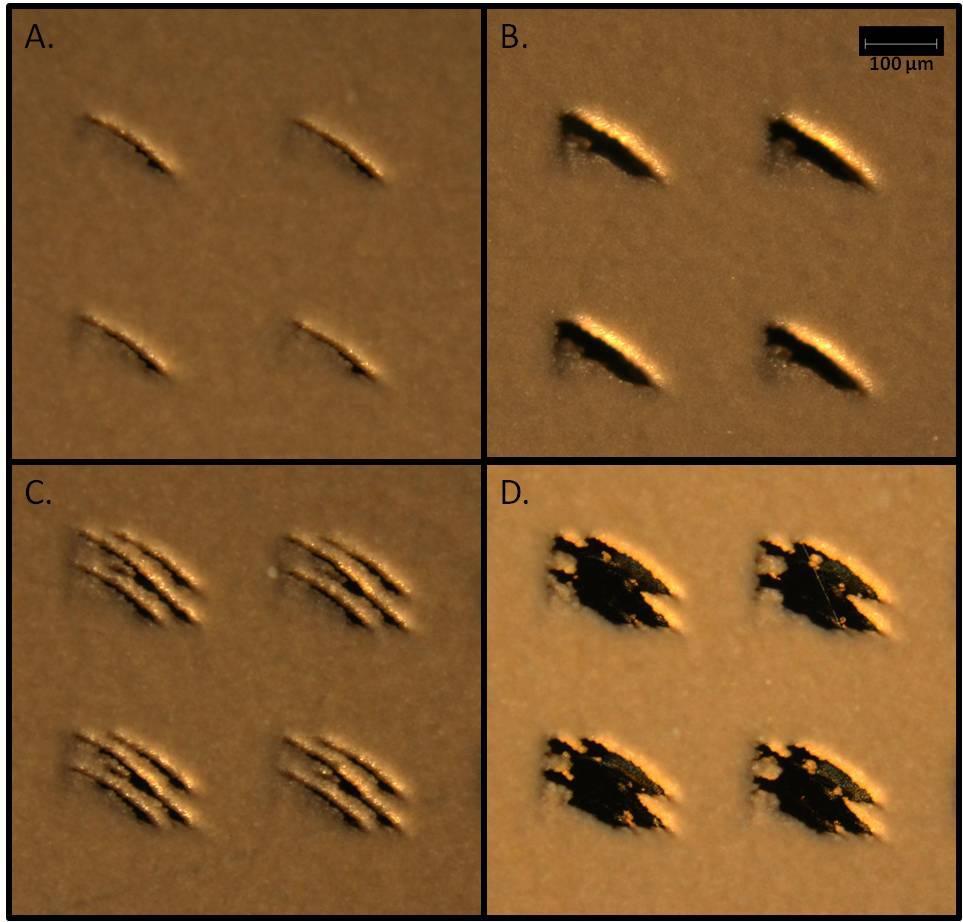 Figure 10: Laser burn patterns on a thin layer of DHB photographed at 10x magnification. All burn patterns were created with a laser power of 20µJ.